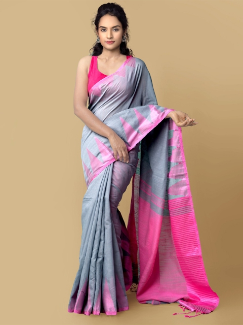 

Unnati Silks Grey & Pink Woven Design Pure Linen Jamdani Saree