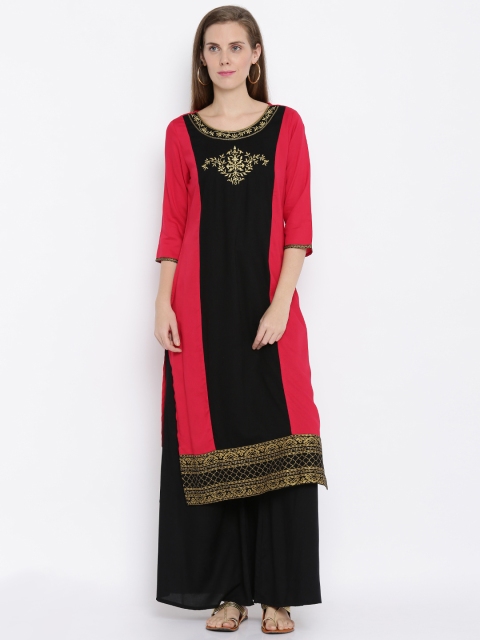 

AURELIA Women Pink & Black Printed Straight Kurta