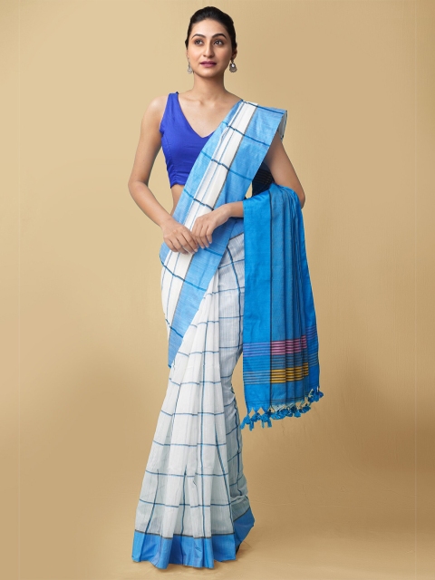 

Unnati Silks Women White & Blue Pure Handloom Bengal Linen Sustainable Saree