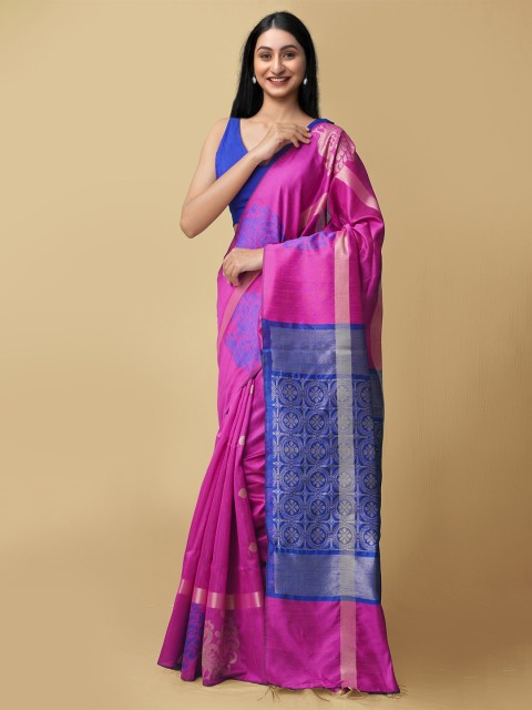 

Unnati Silks Pink & Blue Woven Design Zari Linen Blend Jamdani Saree