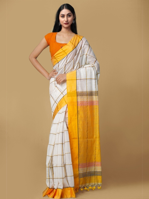 

Unnati Silks White & Yellow Woven Design Pure Linen Jamdani Saree