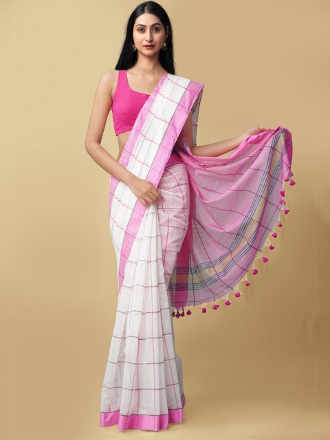 

Unnati Silks White & Pink Woven Design Pure Linen Handloom Jamdani Saree