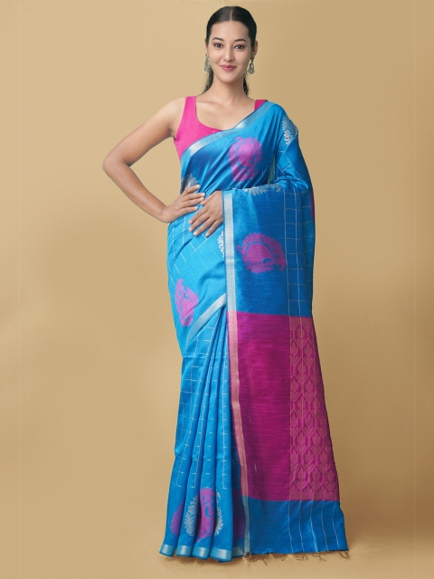 

Unnati Silks Blue & Pink Woven Design Zari Linen Blend Jamdani Saree