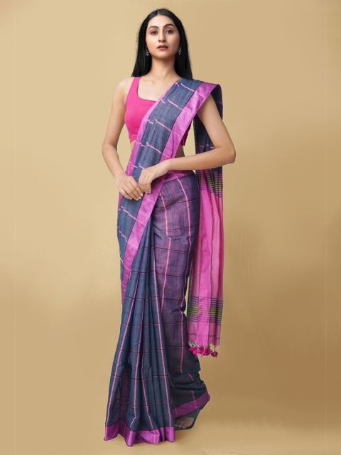 

Unnati Silks Blue & Pink Checked Pure Linen Jamdani Saree