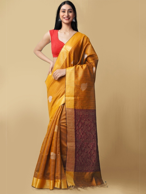 

Unnati Silks Yellow & Gold-Toned Ethnic Motifs Linen Blend Jamdani Saree