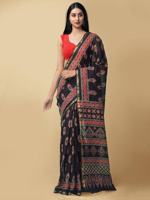 

Unnati Silks Women Black & Red Pure Ajrakh Mulmul Cotton Saree