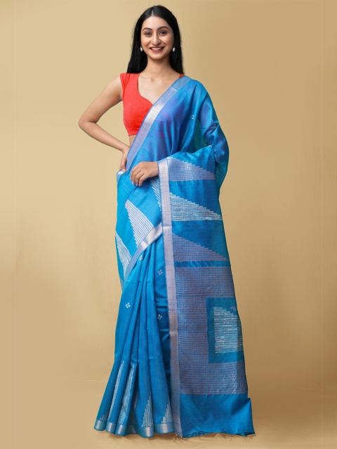 

Unnati Silks Blue & Silver-Toned Woven Design Pure Bengal Linen Saree