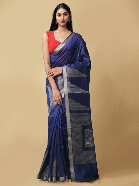 

Unnati Silks Blue & Gold-Toned Linen Blend Jamdani Saree