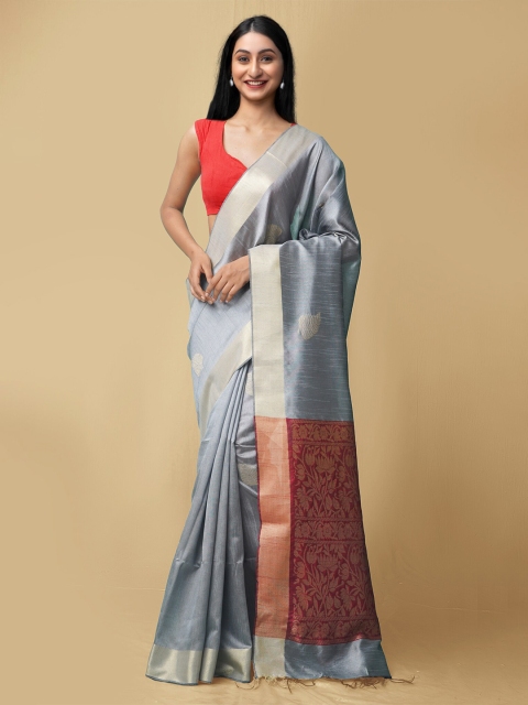 

Unnati Silks Grey & Red Woven Design Zari Linen Blend Jamdani Saree