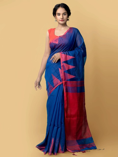 

Unnati Silks Blue & Red Woven Design Pure Linen Jamdani Saree