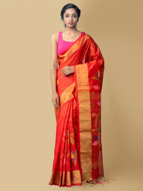 

Unnati Silks Red & Pink Woven Design Zari Silk Cotton Jamdani Saree