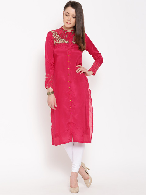 

WISHFUL by W Women Pink Yoke Design Straight Kurta