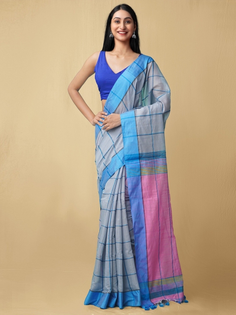 

Unnati Silks Women Grey & Blue Pure Handloom Bengal Linen Saree