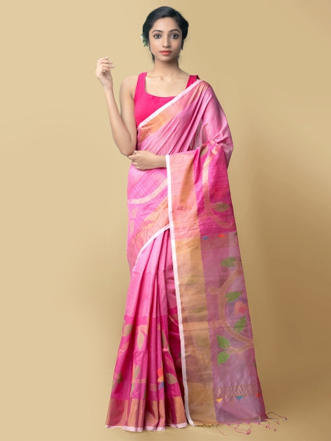 

Unnati Silks Pink & Yellow Floral Silk Cotton Jamdani Maheshwari Saree