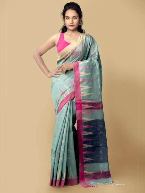 

Unnati Silks Women Blue Woven Design Pure Bengal Linen Saree