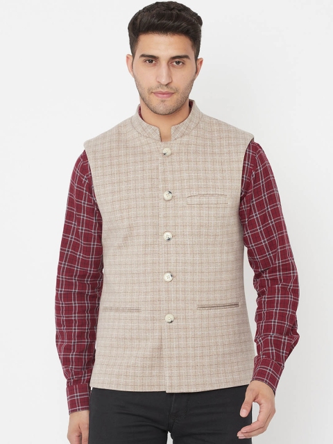 

METTLE Men Cream & Black Checked Nehru Jacket