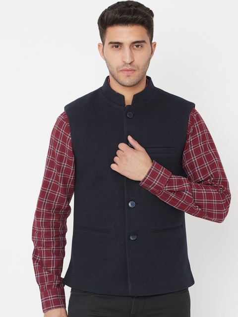 

METTLE Men Navy Blue Solid Nehru Jacket