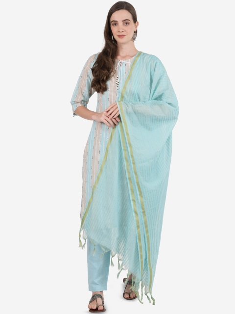 

Ashnaina Women Turquoise Blue Striped Regular Kurta with Trousers & With Dupatta
