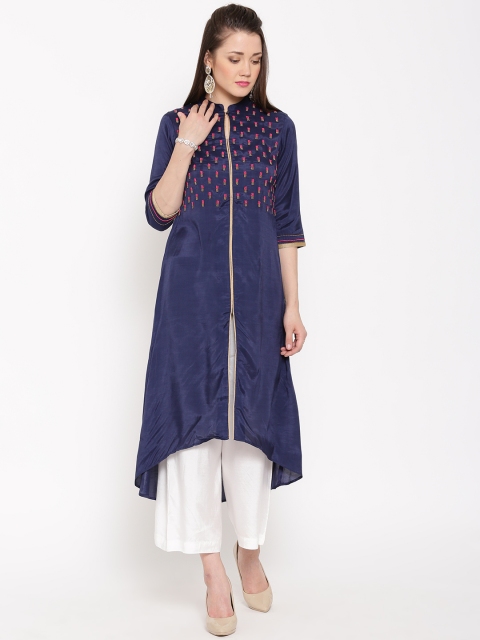 

WISHFUL by W Women Navy Embellished Detail A-Line Kurta, Navy blue