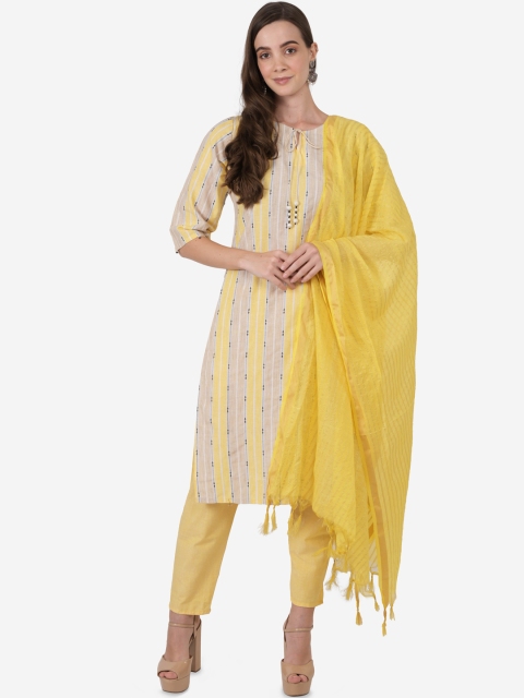 

Ashnaina Women Yellow Striped Panelled Kurta with Trousers & Dupatta