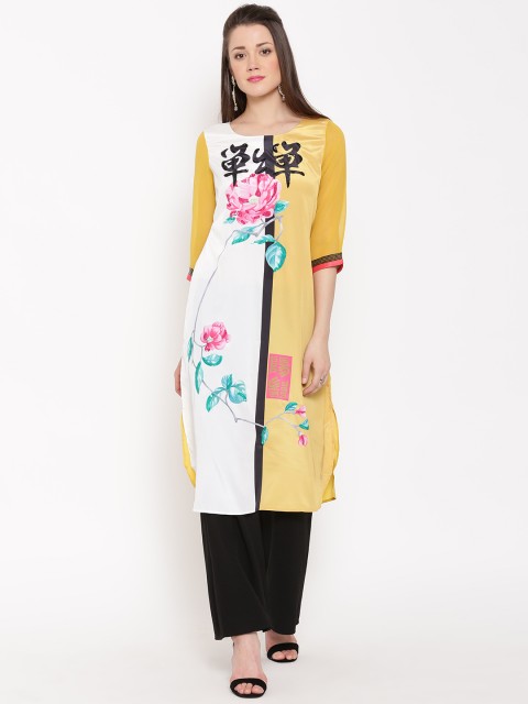 

Wishful by W Women Mustard Yellow & Off-White Floral Print Straight Kurta