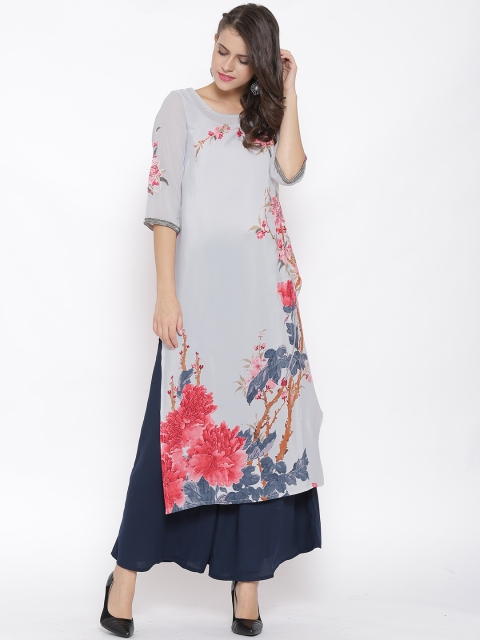 

Wishful by W Women Grey Printed Straight Kurta
