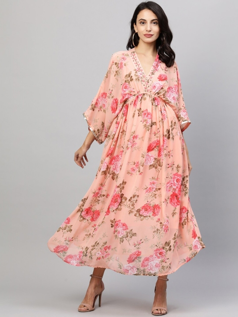 

FASHOR Peach-Coloured & Green Floral Georgette Midi Dress