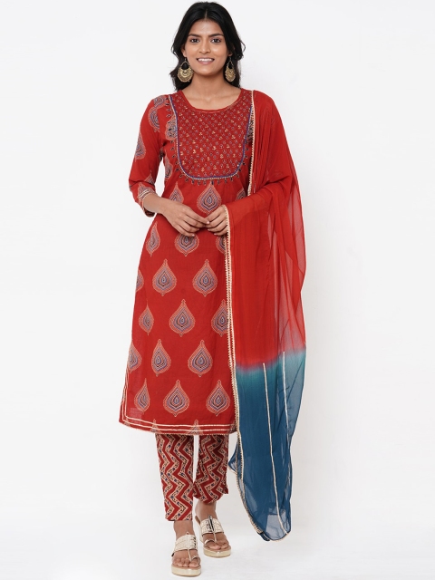 

FASHOR Women Red Ethnic Motifs Printed Regular Sequinned Pure Cotton Kurti with Churidar & With Dupatta