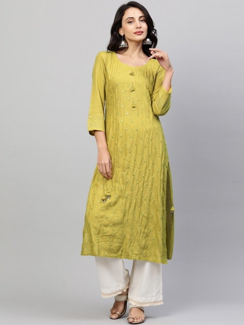 

FASHOR Women Green Geometric Embroidered Kurta