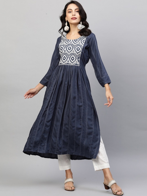 

FASHOR Women Navy Blue & Off White Striped Anarkali Kurta