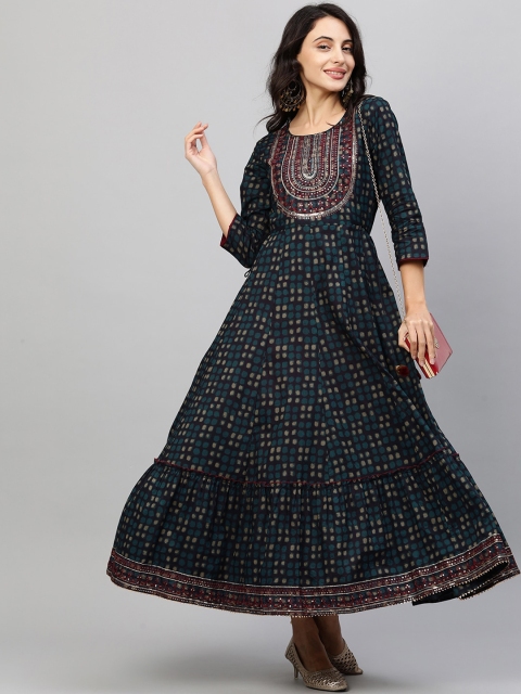 

FASHOR Blue Ethnic Motifs Embroidered Fit & Flared Maxi Dress