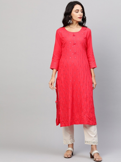 

FASHOR Women Peach-Coloured Geometric Embroidered Mirror Work Kurta
