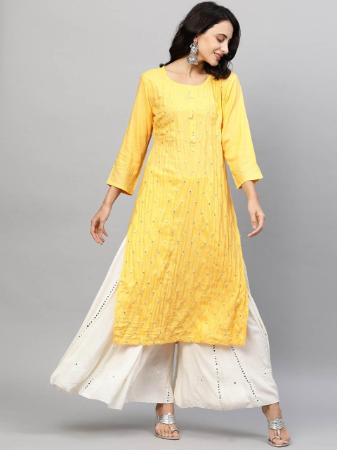 

FASHOR Women Yellow Embroidered Kurta