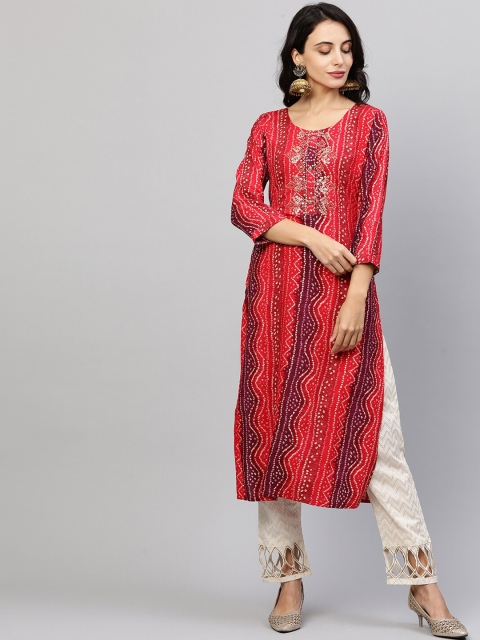 

FASHOR Women Red Bandhani Printed Thread Work Kurta