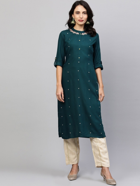 

FASHOR Women Teal Floral Embroidered Straight Kurta