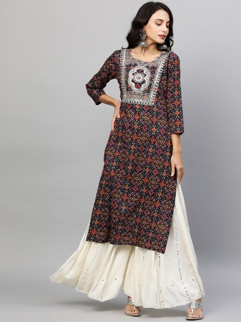 

FASHOR Women Navy Blue & Red Ethnic Motifs Printed Thread Work Pure Cotton Kurta