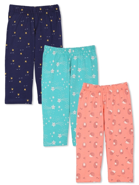 

minnow Set-3 Girls Peach-Coloured & Blue Printed Capris