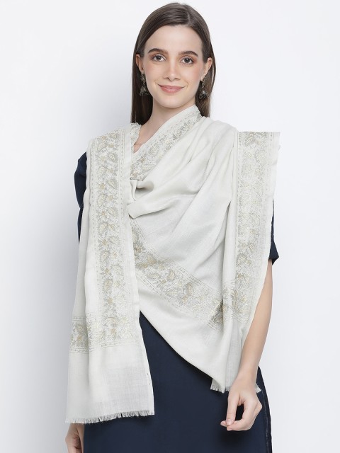 

SHINGORA Women Off White & Grey Ethnic Motifs Embroidered Woollen Shawl