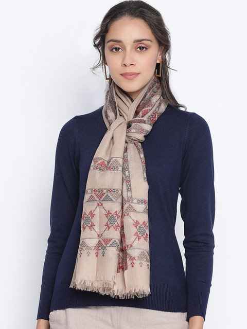 

SHINGORA Women Beige & Red Woven Design Woolen Shawl