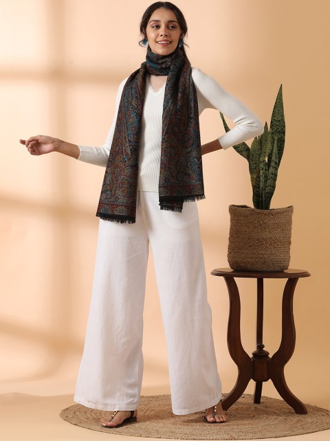 

SHINGORA Women Black & Blue Woven Design Woollen Shawl