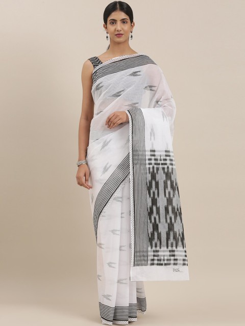 

The Chennai Silks Off White & Black Floral Printed Pure Cotton Saree