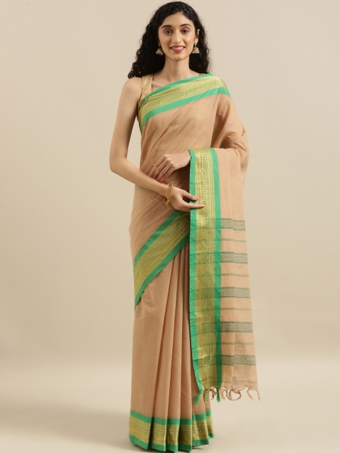 

The Chennai Silks Brown & Green Striped Pure Cotton Fusion Saree