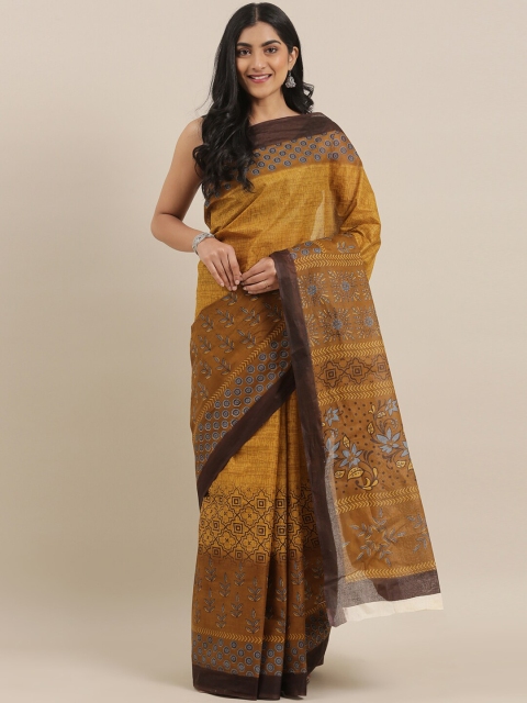

The Chennai Silks Mustard & Black Floral Pure Cotton Fusion Saree