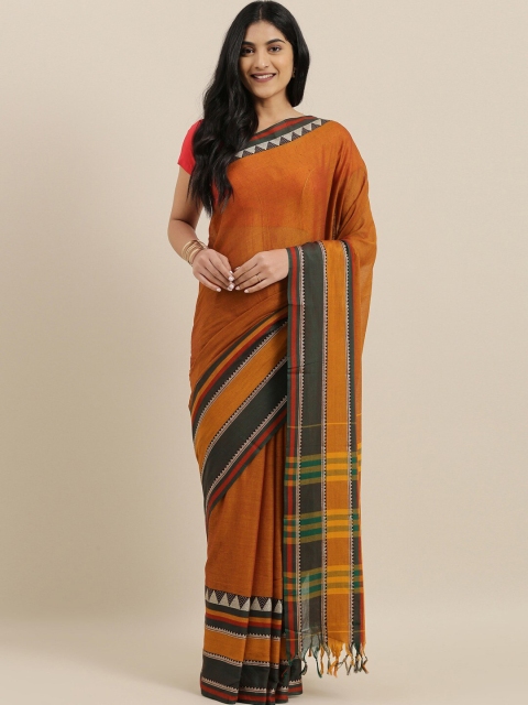 

The Chennai Silks Orange & Green Striped Pure Cotton Fusion Saree