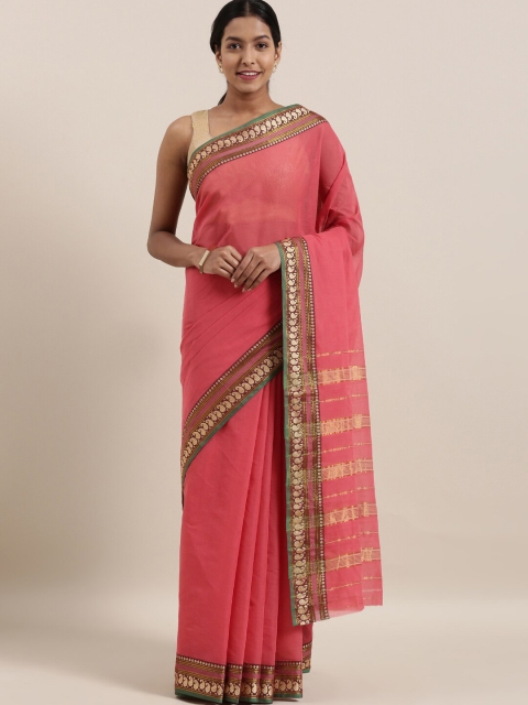 

The Chennai Silks Peach-Coloured & Green Zari Pure Cotton Saree