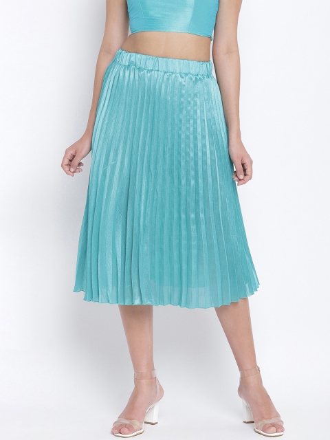 

Oxolloxo Women Turquoise Blue Solid Pleated Midi A-Line Skirt