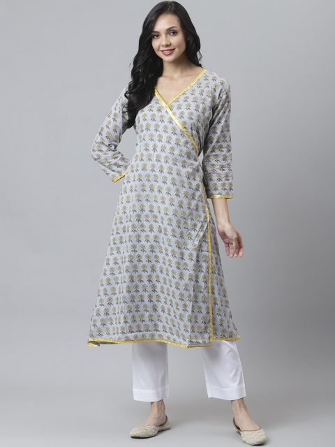 

maaisarah Women Blue Ethnic Motifs Printed Flared Sleeves Block Print Handloom Anarkali Kurta