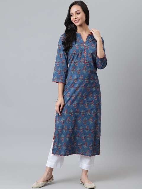 

maaisarah Women Navy Blue & Red Printed Gotta Patti Block Print Pure Cotton Kurta