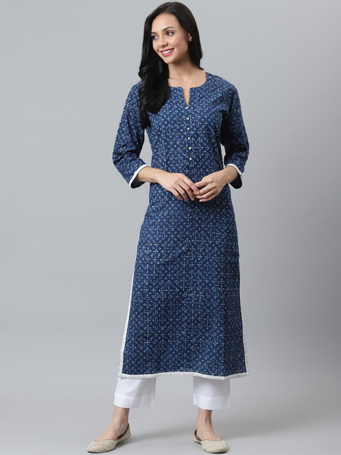 

maaisarah Women Navy Blue Geometric Printed Keyhole Neck Flared Sleeves Thread Work Block Print Handloom Kurta