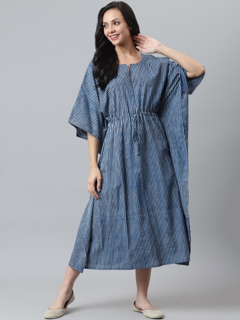 

maaisarah Women Navy Blue & White Striped Block Print Cotton Kaftan